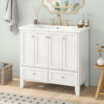 36'' Bathroom Vanity with Resin Sink Combo – Freestanding Solid Wood Frame Storage Cabinet with 4 Soft Closing Doors & 2 Drawers (White)