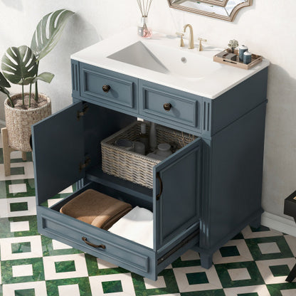 30'' Bathroom Vanity with Ceramic Sink – Solid Wood Frame Storage Cabinet with Soft Closing Doors, Retro Style, Blue