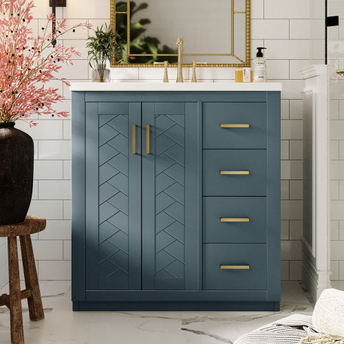 30'' Bathroom Vanity with Ceramic Sink Combo, Solid Wood Frame Bathroom Storage Cabinet, Freestanding Vanity Set with 3 Drawers & Soft Closing Doors