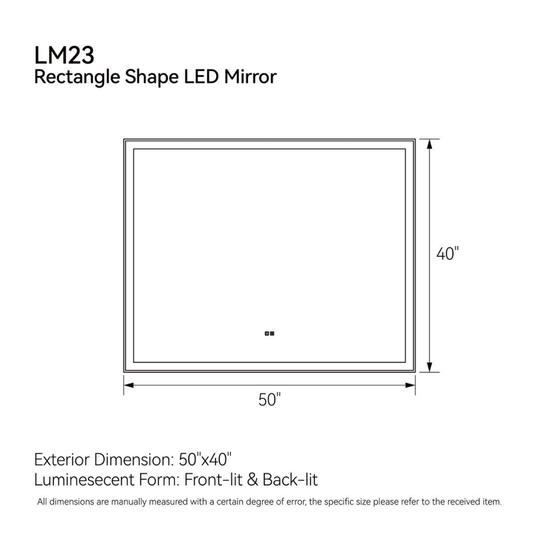 Modern LED Smart Mirror – Rectangular, Front & Back Lit, 3-Color Adjustable with Anti-Fog, Memory Function, and Time Mode Control