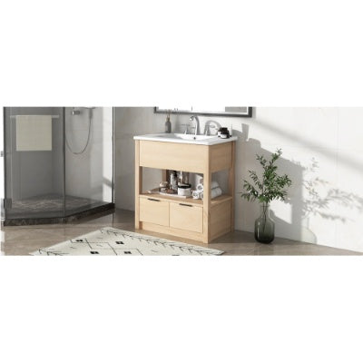 30 Bathroom Vanity With Sink Top, Bathroom Cabinet With Open Storage Shelf And Two Drawers, One Package, Natural
