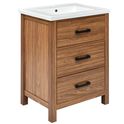 24'' Bathroom Vanity with Ceramic Basin Sink – Freestanding, Modern Storage Cabinet with 3 Drawers