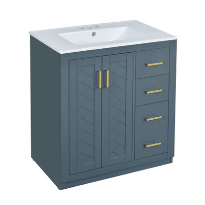 30'' Bathroom Vanity with Ceramic Sink Combo, Solid Wood Frame Bathroom Storage Cabinet, Freestanding Vanity Set with 3 Drawers & Soft Closing Doors