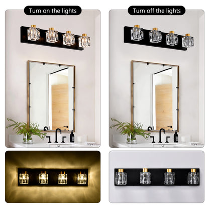4-Light Matte Black + Gold Bathroom Light Fixtures – Modern Vanity Lights with Crystal Glass Shades
