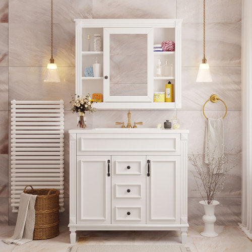36'' Bathroom Vanity with Top Sink – Royal Blue Mirror Cabinet, Modern Storage with 2 Soft-Closing Doors & Drawers, Single Sink Vanity