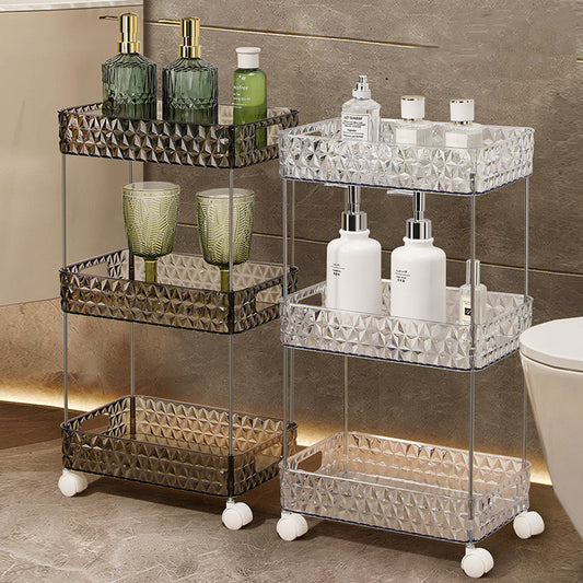 Light Luxury Mobile Bathroom Storage Trolley – Transparent Plastic with Diamond Pattern