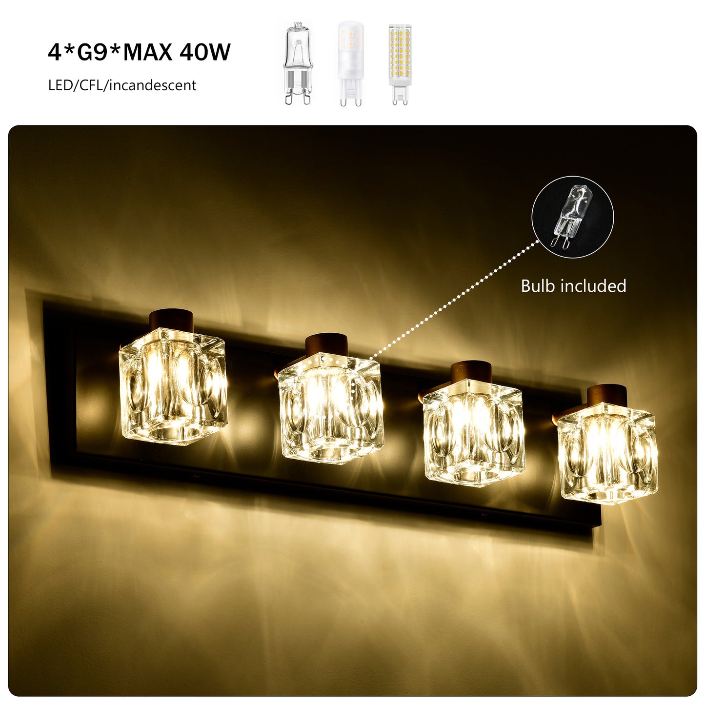 4-Light Matte Black + Gold Bathroom Light Fixtures – Modern Vanity Lights with Crystal Glass Shades