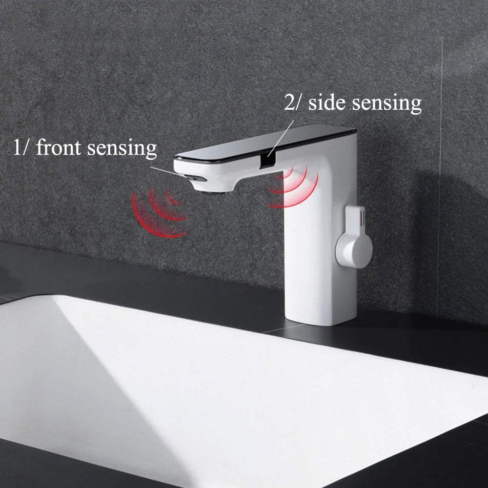 Intelligent Double Induction Basin Faucet – Touchless Modern Design in Chrome, White, or Gun Gray