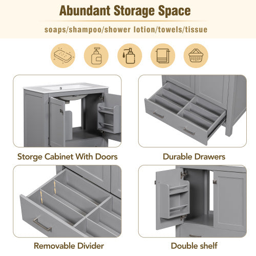 30" Gray Bathroom Vanity – Under-Mount Sink, Soft Closing Doors & Multifunctional Storage