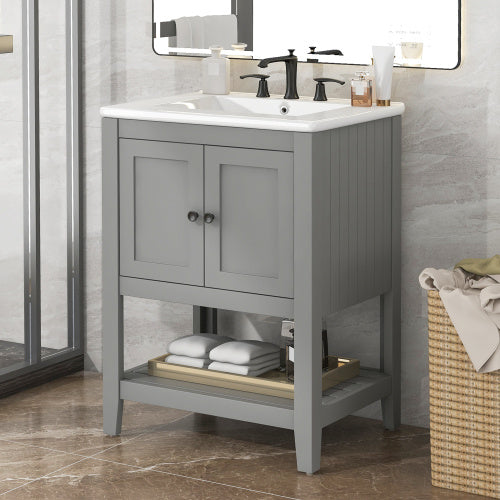 24 White Modern Sleek Bathroom Vanity Elegant Ceramic Sink With Solid Wood Frame Open Style Shelf