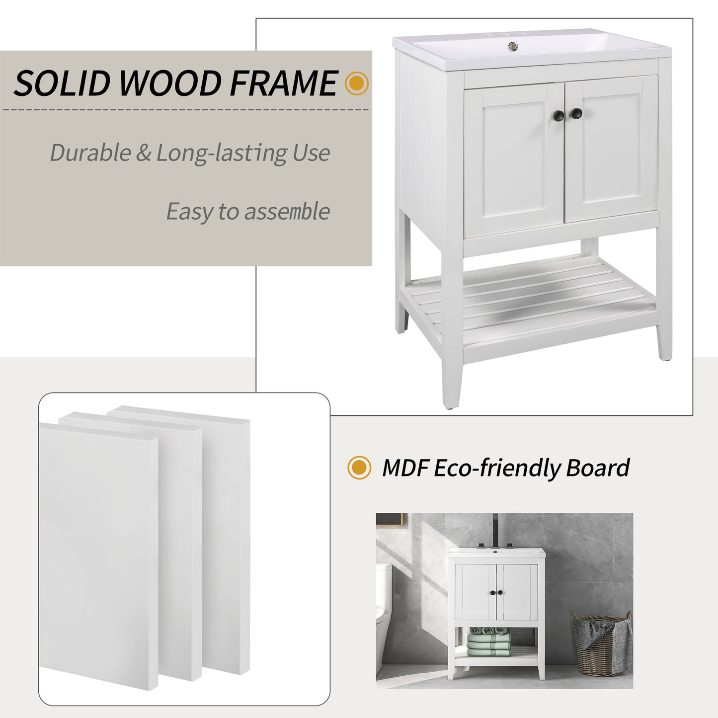 24 White Modern Sleek Bathroom Vanity Elegant Ceramic Sink With Solid Wood Frame Open Style Shelf