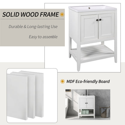 24 White Modern Sleek Bathroom Vanity Elegant Ceramic Sink With Solid Wood Frame Open Style Shelf