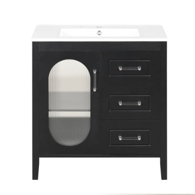 30 Bathroom Vanity With Sink, Bathroom Vanity Cabinet With Two Drawers And Door, Adjustable Shelf, Solid Wood And MDF, Bla