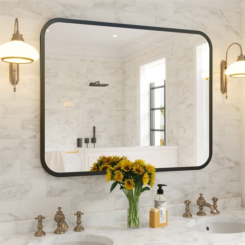 Black Bathroom Wall Mirror – Rectangle Vanity Mirror with Round Corners, Shatterproof Glass, Anti-Rust Aluminum Frame, Seamless Design