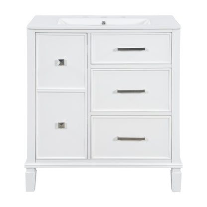 30 Inch Bathroom Vanity With Ceramic Sink, Flip-Out Drawer Design For Plumbing, White Painted MDF Cabinet With Solid Wood Legs