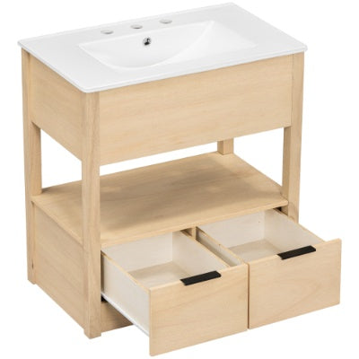 30 Bathroom Vanity With Sink Top, Bathroom Cabinet With Open Storage Shelf And Two Drawers, One Package, Natural