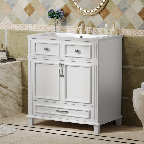 30'' Bathroom Vanity with Resin Sink – Solid Wood Frame, Soft Closing Doors, Retro Style, White