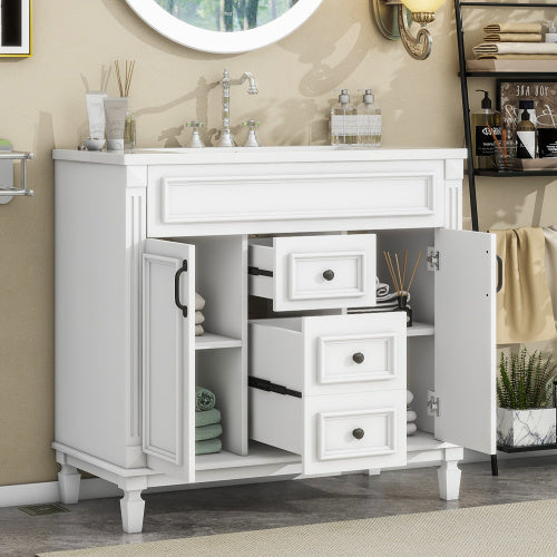 36'' Bathroom Vanity with Top Sink – Modern Storage Cabinet with 2 Soft-Closing Doors & 2 Drawers, Single Sink Vanity (White)