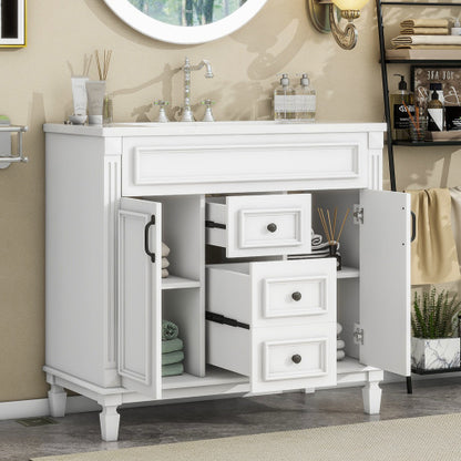 36'' Bathroom Vanity with Top Sink – Modern Storage Cabinet with 2 Soft-Closing Doors & 2 Drawers, Single Sink Vanity (White)