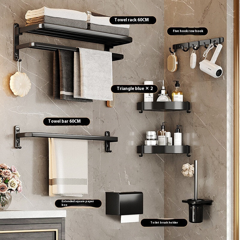 Matte Black Bathroom Storage Rack Set – Alloy, Rust-Resistant, Nail-Free Installation