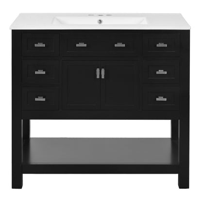 36" Black Bathroom Vanity with Top Sink – Modern Storage Cabinet with 2 Soft Closing Doors & 6 Drawers, Single Sink Vanity