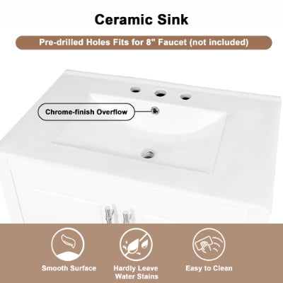 30 Bathroom Vanity With Sink, Multi-functional Bathroom Cabinet With Doors And Drawers, Solid Frame And MDF Board, White
