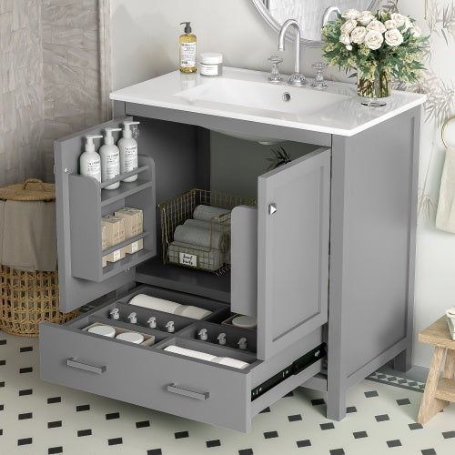 30" Gray Bathroom Vanity – Under-Mount Sink, Soft Closing Doors & Multifunctional Storage