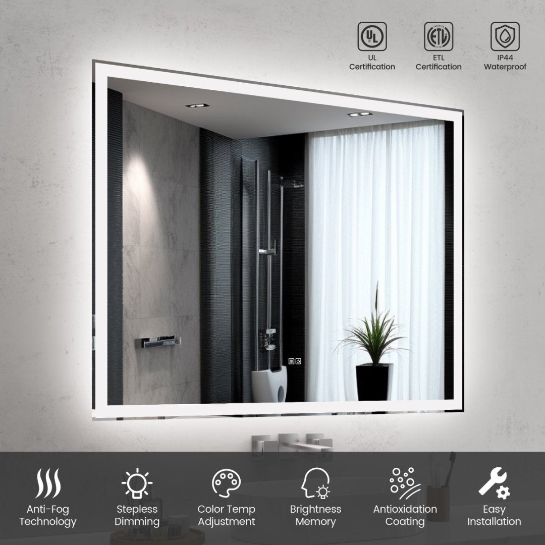 Modern LED Smart Mirror – Rectangular, Front & Back Lit, 3-Color Adjustable with Anti-Fog, Memory Function, and Time Mode Control