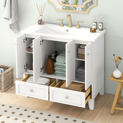 36'' Bathroom Vanity with Resin Sink Combo – Freestanding Solid Wood Frame Storage Cabinet with 4 Soft Closing Doors & 2 Drawers (White)