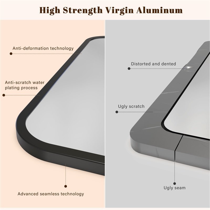 Black Bathroom Wall Mirror – Rectangle Vanity Mirror with Round Corners, Shatterproof Glass, Anti-Rust Aluminum Frame, Seamless Design