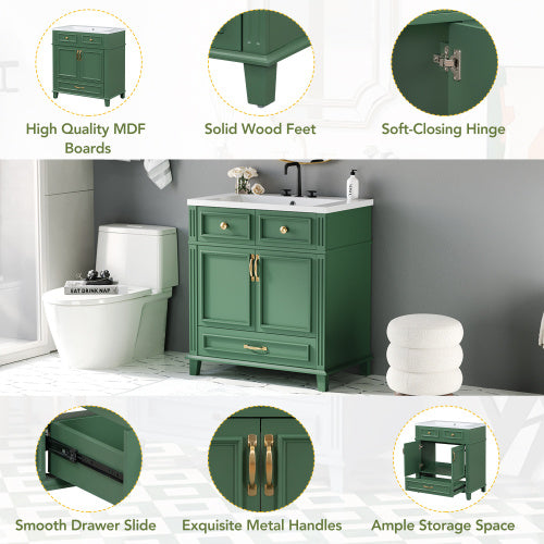 30'' Bathroom Vanity with Resin Sink – Solid Wood Frame, Soft Closing Doors, Retro Style, Green