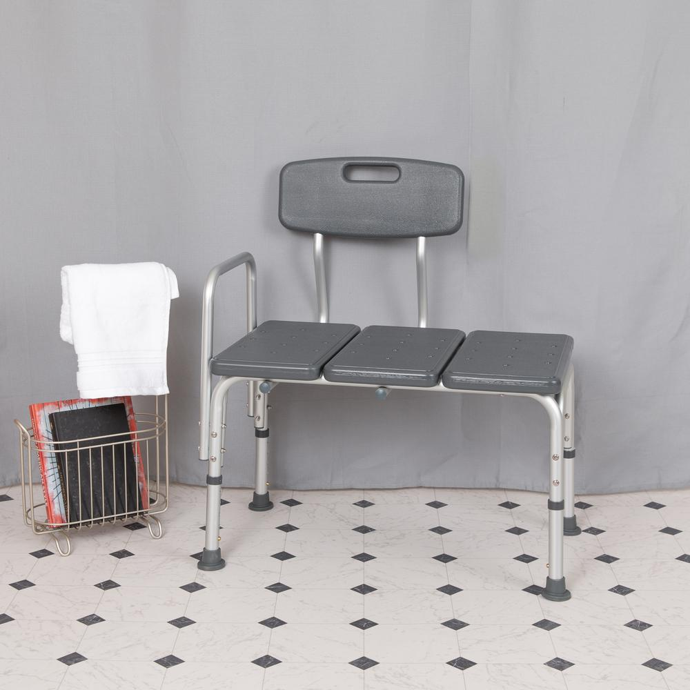 Hercules Series Adjustable Transfer Bench – Gray, 300 lb Capacity with Backrest & Side Arm for Tub & Shower Safety