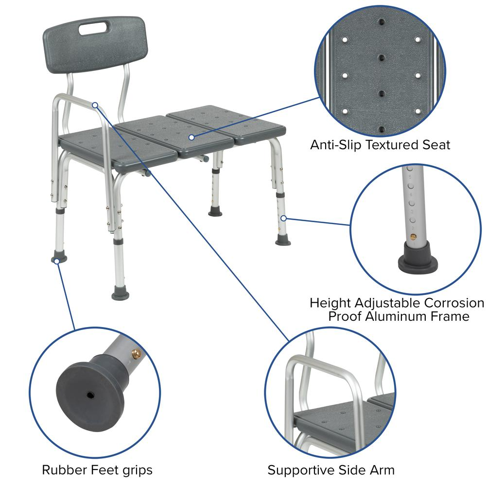 Hercules Series Adjustable Transfer Bench – Gray, 300 lb Capacity with Backrest & Side Arm for Tub & Shower Safety