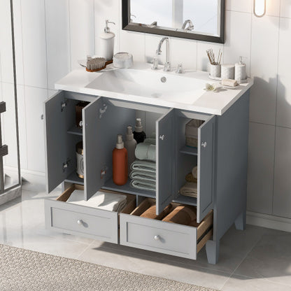 36'' Bathroom Vanity with Resin Sink Combo – Freestanding Solid Wood Frame Vanity Set with 4 Soft Closing Doors & 2 Drawers