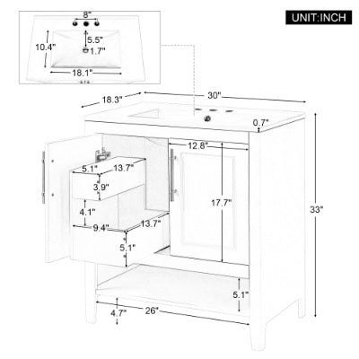 30 Bathroom Vanity With Sink, Multi-functional Bathroom Cabinet With Doors And Drawers, Solid Frame And MDF Board, White