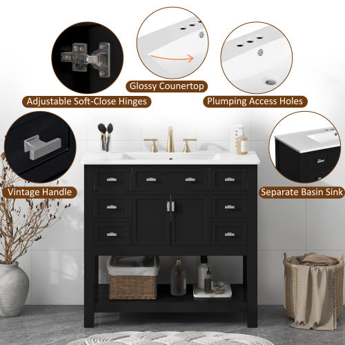 36" Black Bathroom Vanity with Top Sink – Modern Storage Cabinet with 2 Soft Closing Doors & 6 Drawers, Single Sink Vanity