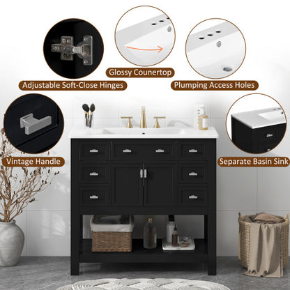 36" Black Bathroom Vanity with Top Sink – Modern Storage Cabinet with 2 Soft Closing Doors & 6 Drawers, Single Sink Vanity