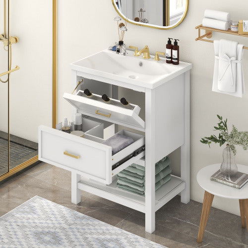 24" Bathroom Vanity with Top Sink – Modern White & Gold Storage Cabinet with 2 Drawers