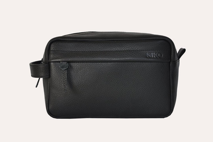 Premium Leather Travel Kit – Black Pebble with Handle & Side Pouch (9" x 5.5" x 4.5")
