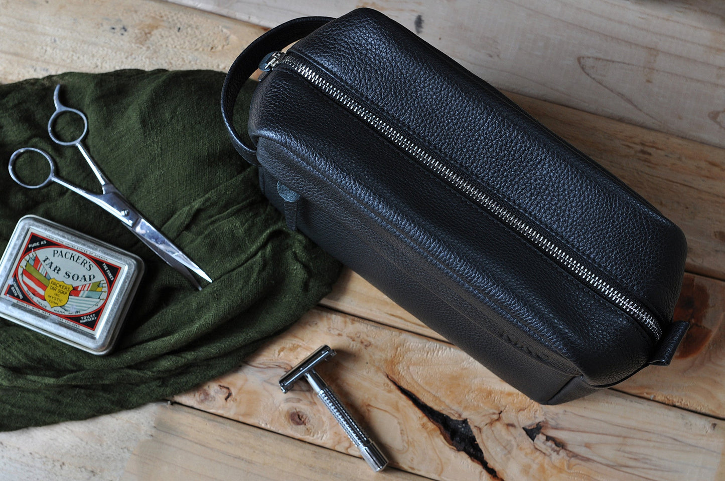 Premium Leather Travel Kit – Black Pebble with Handle & Side Pouch (9" x 5.5" x 4.5")