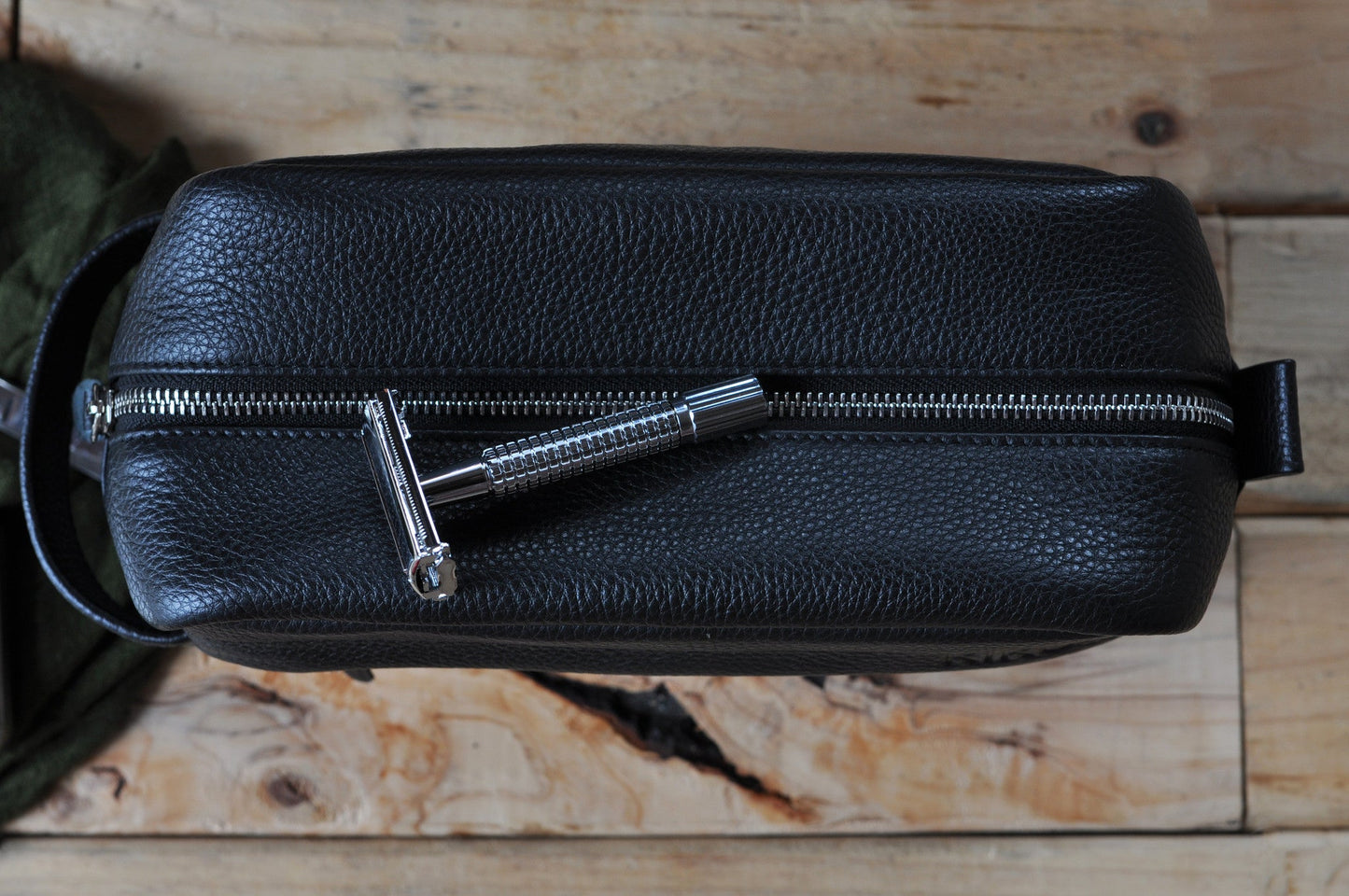 Premium Leather Travel Kit – Black Pebble with Handle & Side Pouch (9" x 5.5" x 4.5")