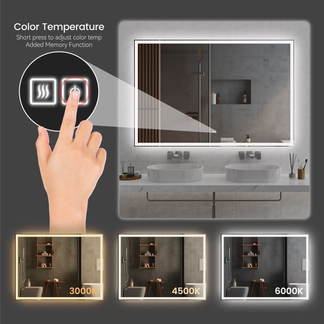 Modern LED Smart Mirror – Front & Back Lit, 3-Color Adjustable, Anti-Fog, Memory Function, Time Mode Control