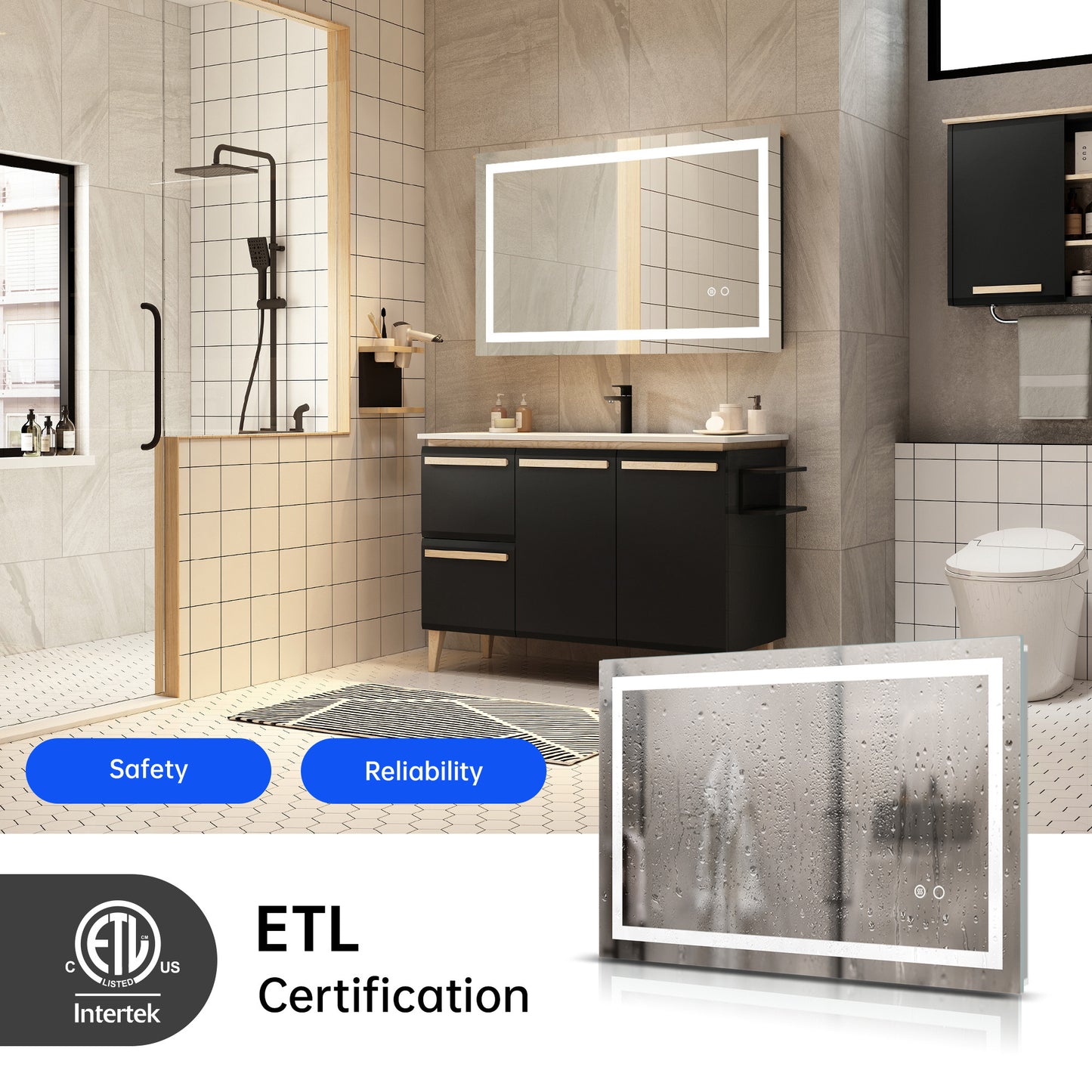 LED Bathroom Mirror with Touch Button Control – Adjustable Color Temperature, Anti-Fog, Dimmable Light