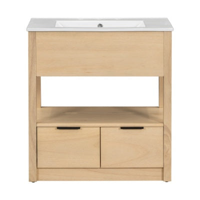 30 Bathroom Vanity With Sink Top, Bathroom Cabinet With Open Storage Shelf And Two Drawers, One Package, Natural