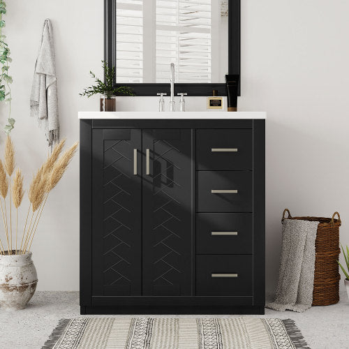 30'' Bathroom Vanity with Resin Sink Combo, Solid Wood Frame Bathroom Storage Cabinet, Freestanding Vanity Set with 3 Drawers & Soft Closing Doors