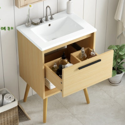 24 Bathroom Vanity With Sink Combo, Multi-functional Bathroom Cabinet With Drawer, MDF Board, Natural