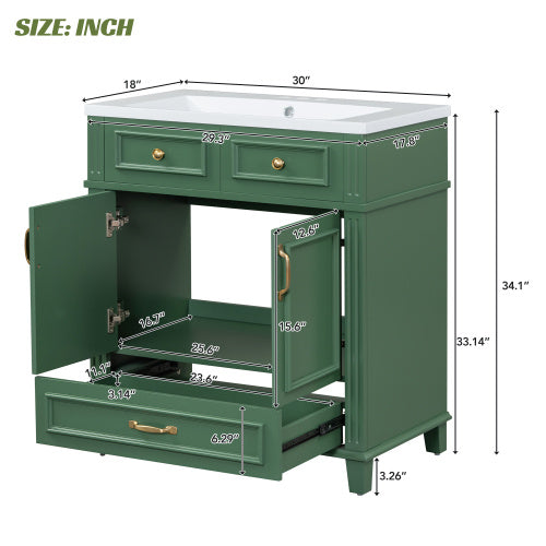 30'' Bathroom Vanity with Resin Sink – Solid Wood Frame, Soft Closing Doors, Retro Style, Green