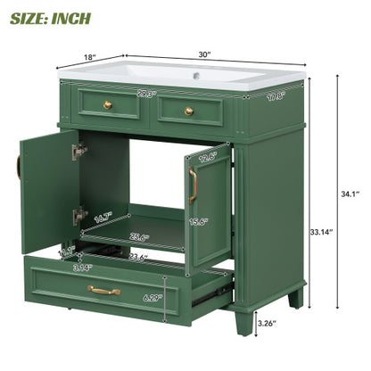 30'' Bathroom Vanity with Resin Sink – Solid Wood Frame, Soft Closing Doors, Retro Style, Green