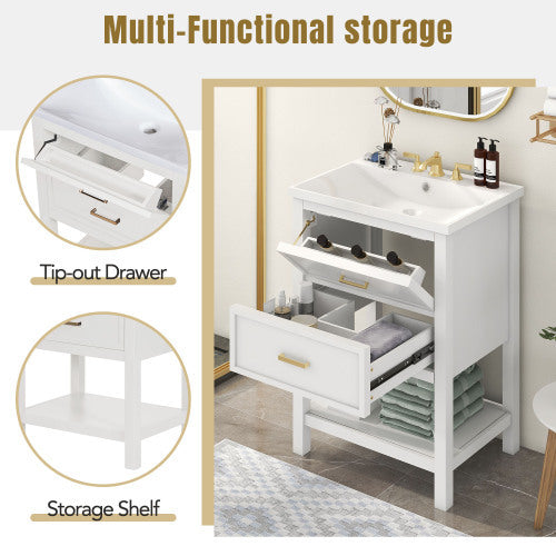 24" Bathroom Vanity with Top Sink – Modern White & Gold Storage Cabinet with 2 Drawers