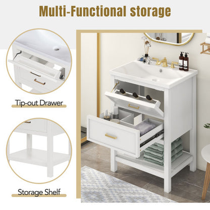 24" Bathroom Vanity with Top Sink – Modern White & Gold Storage Cabinet with 2 Drawers